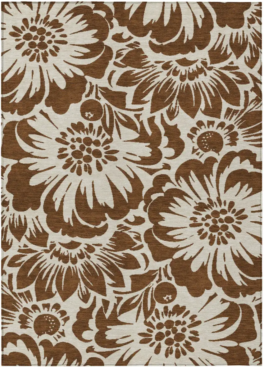 Brown and Ivory Floral Washable Non Skid Indoor Outdoor Area Rug Photo 2