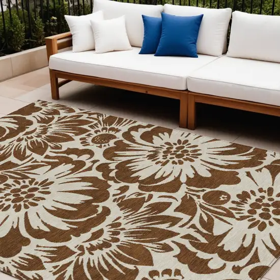 Brown and Ivory Floral Washable Non Skid Indoor Outdoor Area Rug Photo 1