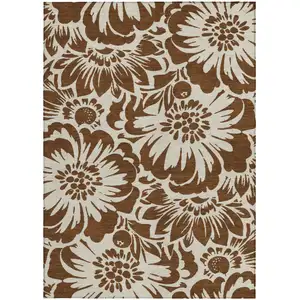 Photo of Brown and Ivory Floral Washable Non Skid Indoor Outdoor Area Rug