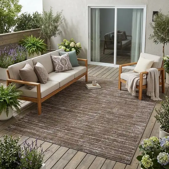 Brown and Ivory Striped Stain Resistant Indoor Outdoor Area Rug Photo 1