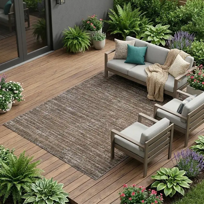 Brown and Ivory Striped Stain Resistant Indoor Outdoor Area Rug Photo 1