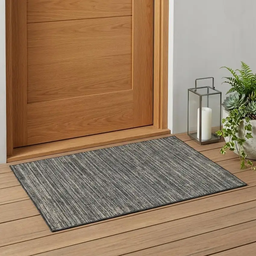 Brown and Ivory Striped Stain Resistant Indoor Outdoor Area Rug Photo 1