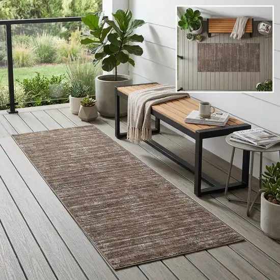 Brown and Ivory Striped Stain Resistant Indoor Outdoor Runner Rug Photo 1