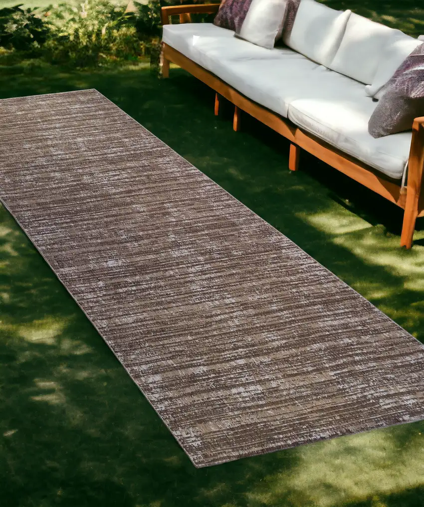 Brown and Ivory Striped Stain Resistant Indoor Outdoor Runner Rug Photo 1