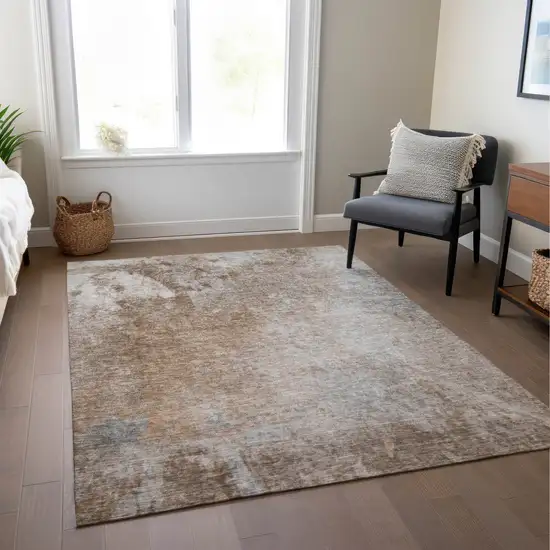 Brown and Off White Abstract Washable Non Skid Indoor Outdoor Area Rug Photo 9