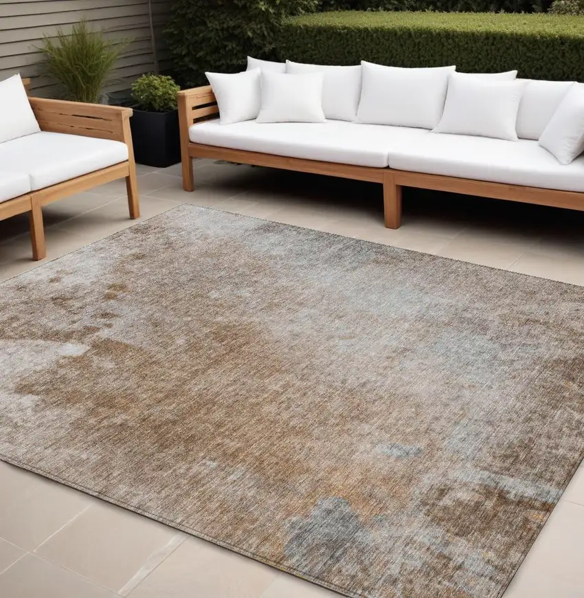 Brown and Off White Abstract Washable Non Skid Indoor Outdoor Area Rug Photo 1