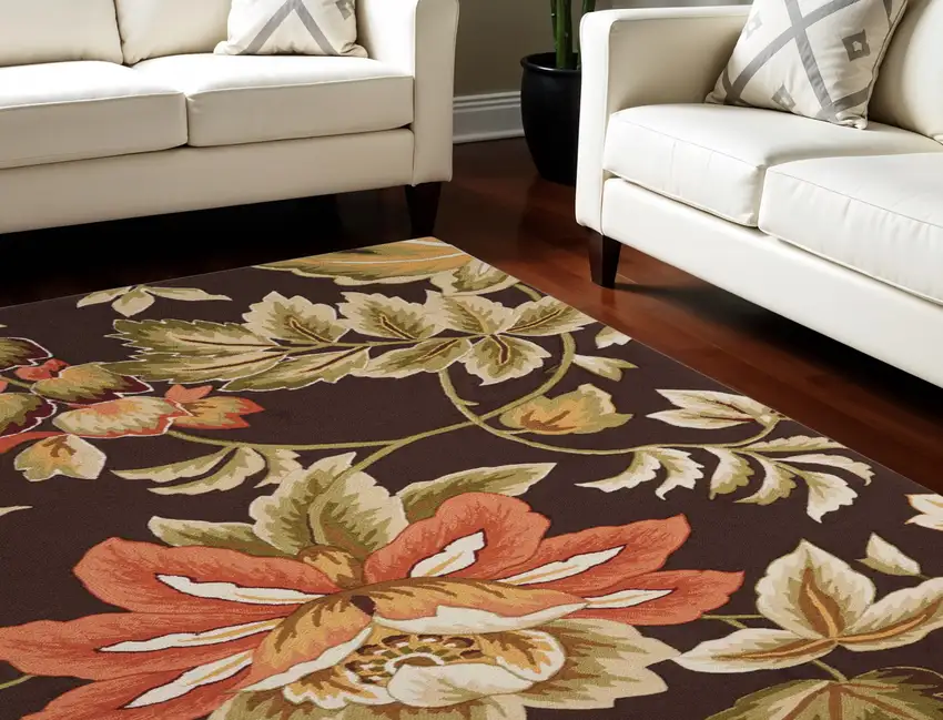 Brown and Orange Botanical Leaves Hand Carved Handmade Area Rug Photo 2