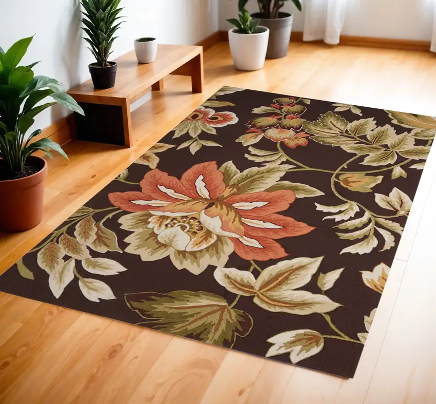 Brown and Orange Botanical Leaves Hand Carved Handmade Area Rug Photo 2