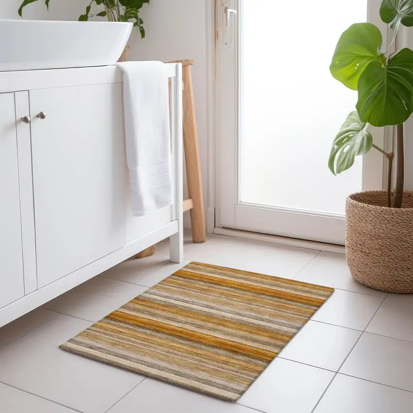 Brown and Orange Striped Washable Non Skid Indoor Outdoor Area Rug Photo 8