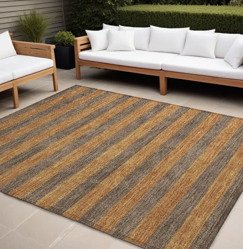 Brown and Tan Striped Washable Non Skid Indoor Outdoor Area Rug Photo 1