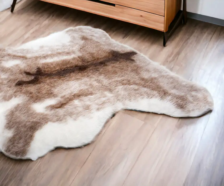 Brown and White Faux Fur Animal Print Area Rug Photo 2