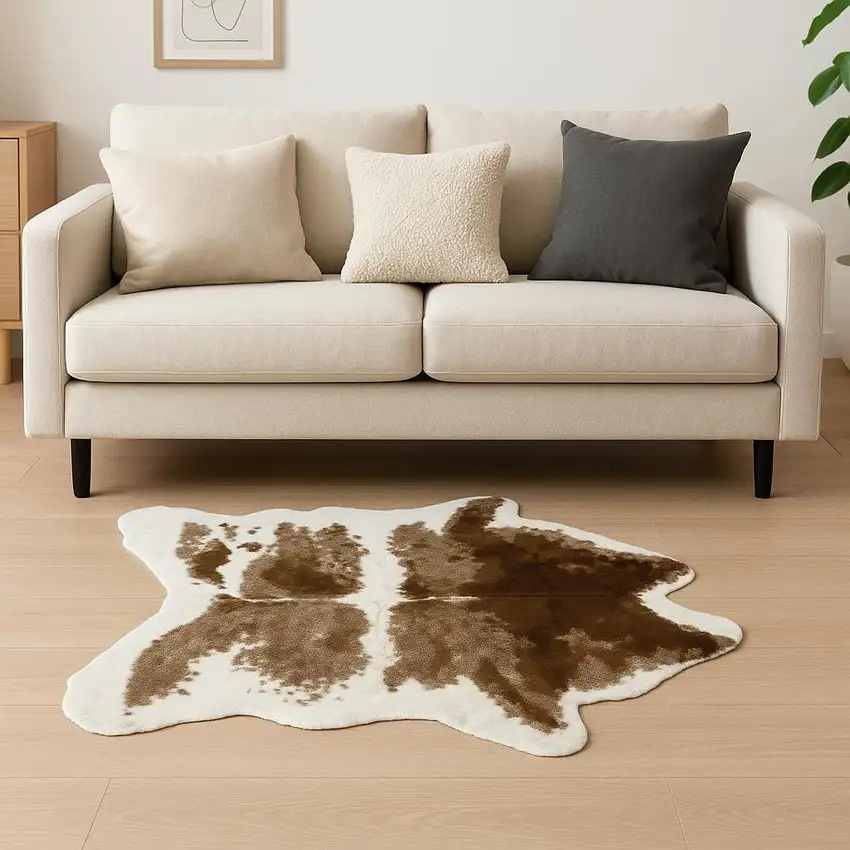 Brown And White Faux Fur Animal Print Washable Area Rug Photo 1