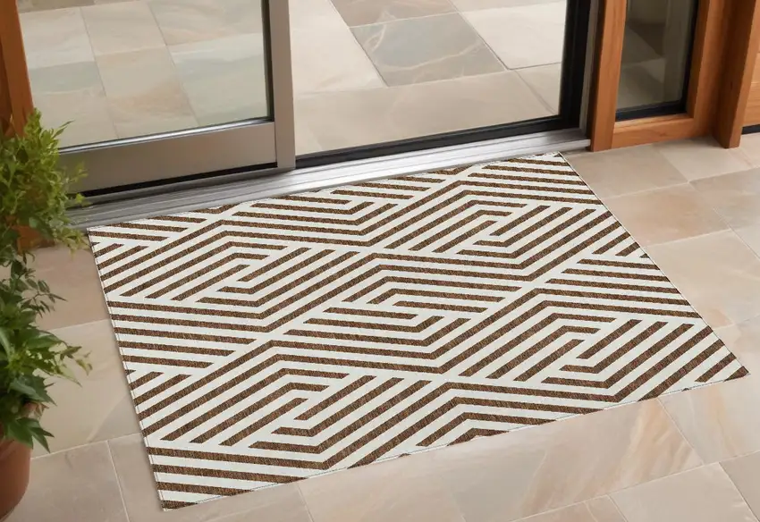 Brown and White Geometric Washable Non Skid Indoor Outdoor Area Rug Photo 1