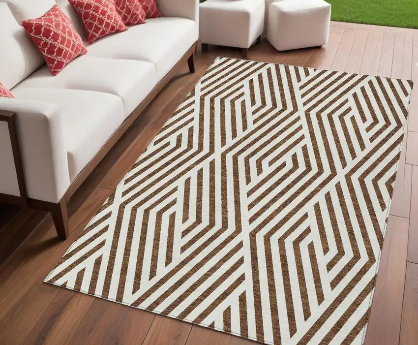 Brown and White Geometric Washable Non Skid Indoor Outdoor Area Rug Photo 1