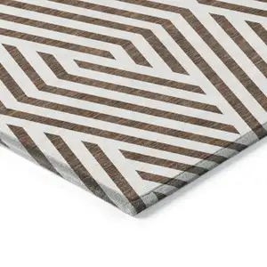 Photo of Brown and White Geometric Washable Non Skid Indoor Outdoor Area Rug