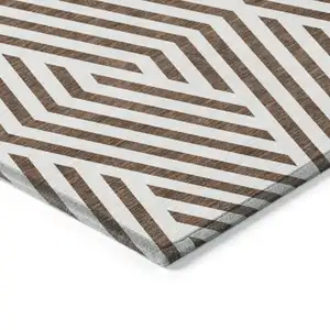 Photo of Brown and White Geometric Washable Non Skid Indoor Outdoor Area Rug