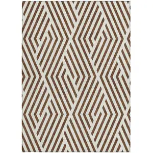 Photo of Brown and White Geometric Washable Non Skid Indoor Outdoor Area Rug