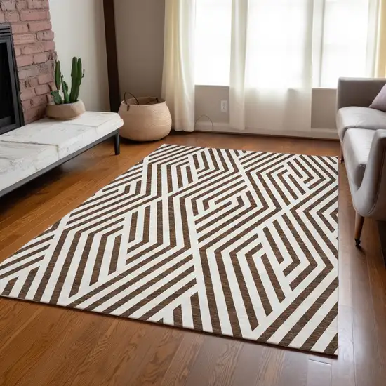 Brown And White Geometric Washable Indoor Outdoor Area Rug Photo 9