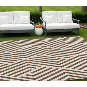 Photo of Brown and White Geometric Washable Non Skid Indoor Outdoor Area Rug