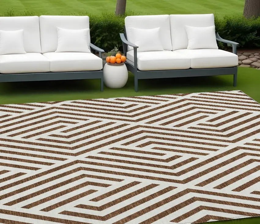Brown and White Geometric Washable Non Skid Indoor Outdoor Area Rug Photo 1