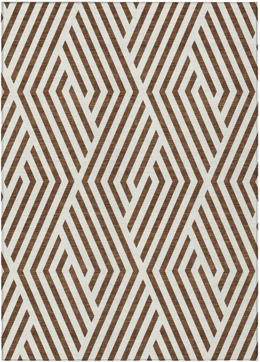 Brown and White Geometric Washable Non Skid Indoor Outdoor Area Rug Photo 2