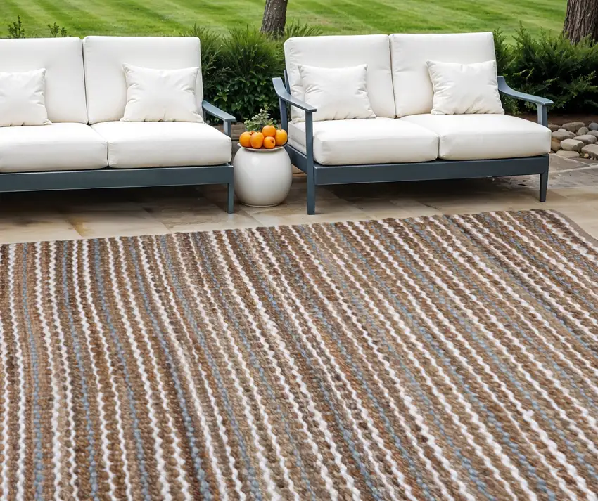 Brown and White Striped Handmade Indoor Outdoor Area Rug Photo 1