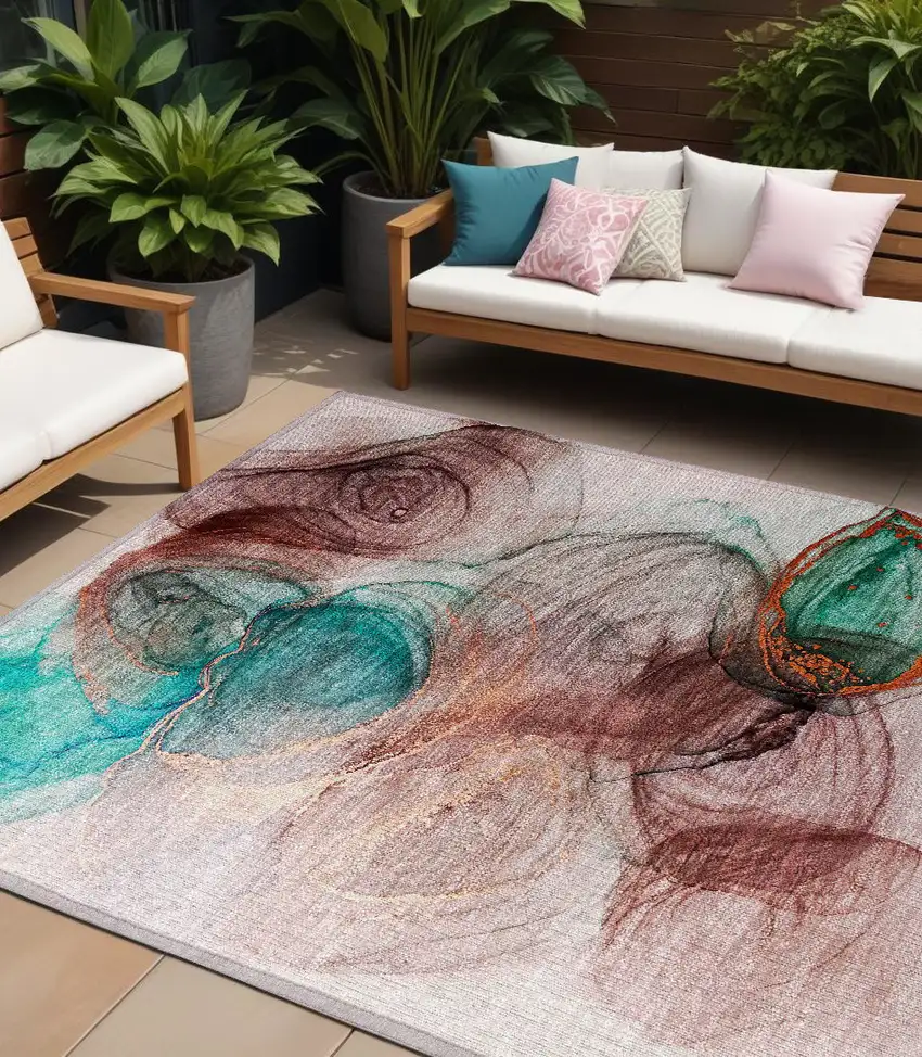 Burgundy Abstract Washable Non Skid Indoor Outdoor Area Rug Photo 1