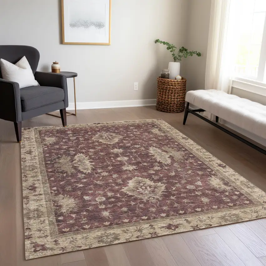 Burgundy And Beige Floral Washable Indoor Outdoor Area Rug Photo 7