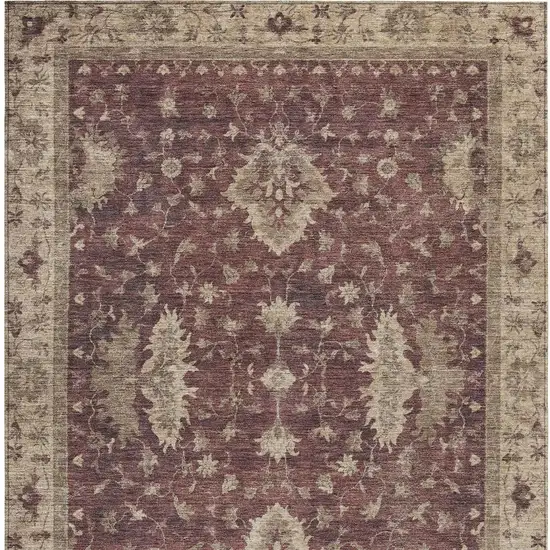 Burgundy And Beige Floral Washable Indoor Outdoor Area Rug Photo 4