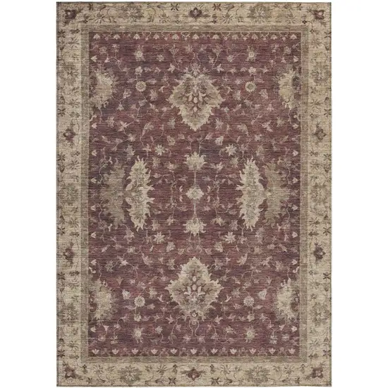 Burgundy And Beige Floral Washable Indoor Outdoor Area Rug Photo 1