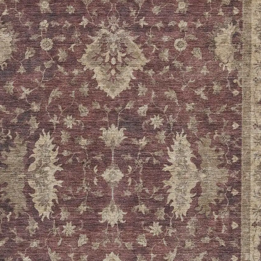 Burgundy And Beige Floral Washable Indoor Outdoor Area Rug Photo 3