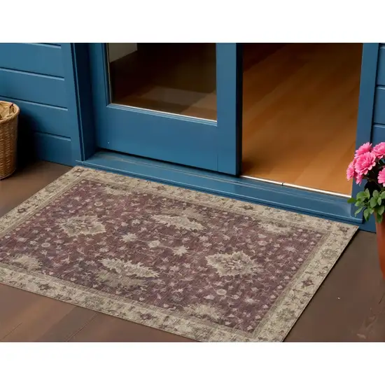 Burgundy And Beige Floral Washable Indoor Outdoor Area Rug Photo 2