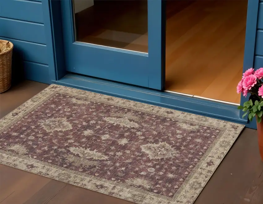 Burgundy And Beige Floral Washable Indoor Outdoor Area Rug Photo 2