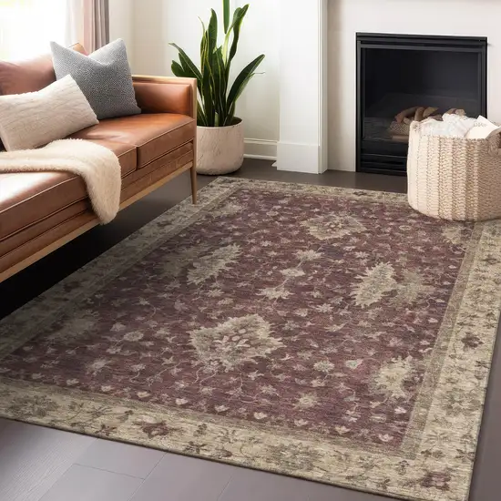 Burgundy And Beige Floral Washable Indoor Outdoor Area Rug Photo 6