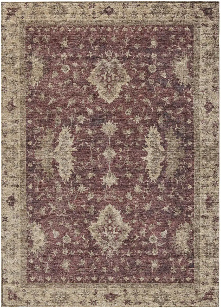 Burgundy And Beige Floral Washable Indoor Outdoor Area Rug Photo 3