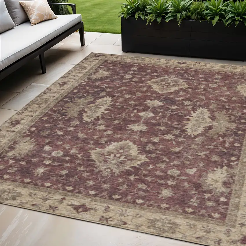 Burgundy And Beige Floral Washable Indoor Outdoor Area Rug Photo 2