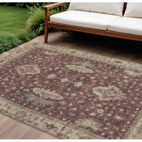 Burgundy And Beige Floral Washable Indoor Outdoor Area Rug Photo 2