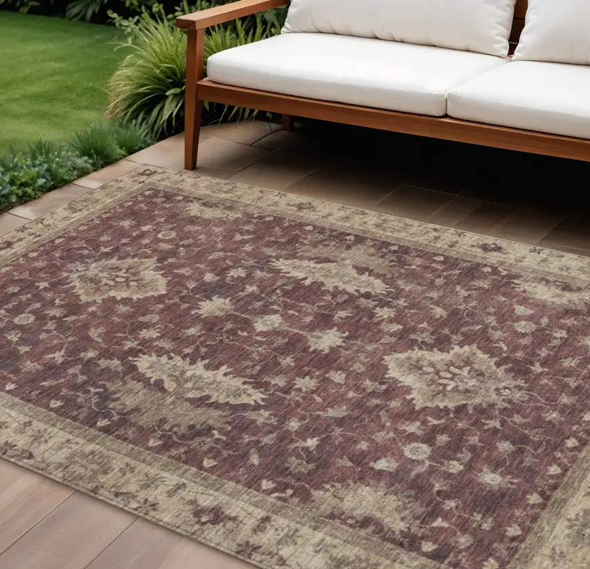 Burgundy And Beige Floral Washable Indoor Outdoor Area Rug Photo 2