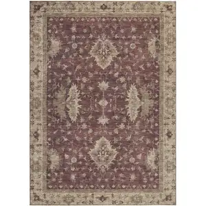 Photo of Burgundy And Beige Floral Washable Indoor Outdoor Area Rug