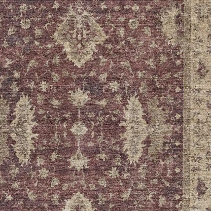 Burgundy And Beige Floral Washable Indoor Outdoor Area Rug Photo 3