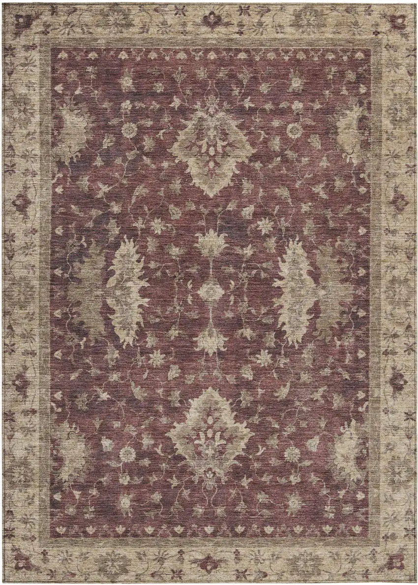 Burgundy And Beige Floral Washable Indoor Outdoor Area Rug Photo 1