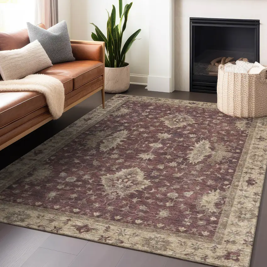 Burgundy And Beige Floral Washable Indoor Outdoor Area Rug Photo 6