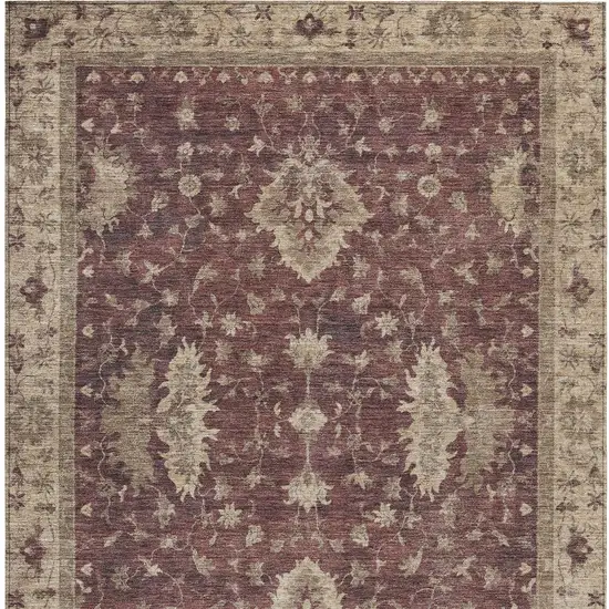 Burgundy And Beige Floral Washable Indoor Outdoor Area Rug Photo 9