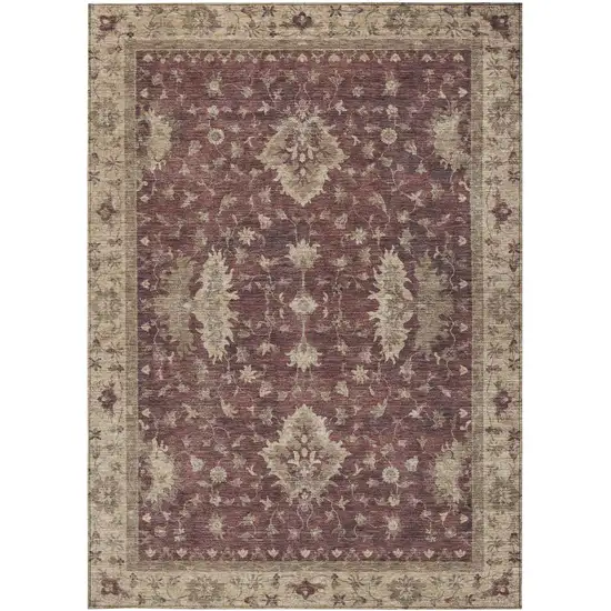 Burgundy And Beige Floral Washable Indoor Outdoor Area Rug Photo 4