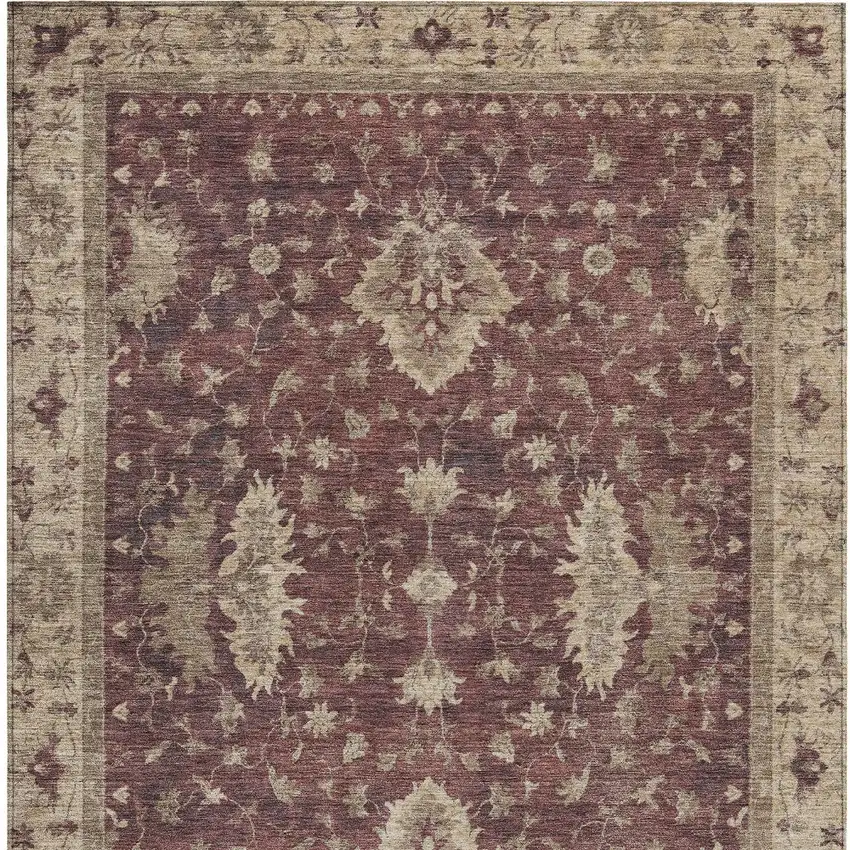 Burgundy And Beige Floral Washable Indoor Outdoor Area Rug Photo 9