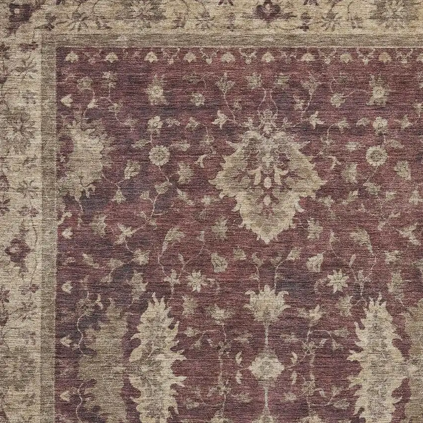 Burgundy And Beige Floral Washable Indoor Outdoor Area Rug Photo 3