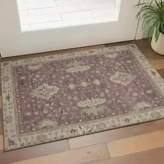 Burgundy And Beige Oriental Washable Area Rug With UV Protection Photo 2