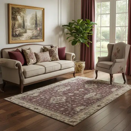 Burgundy And Beige Oriental Washable Area Rug With UV Protection Photo 2