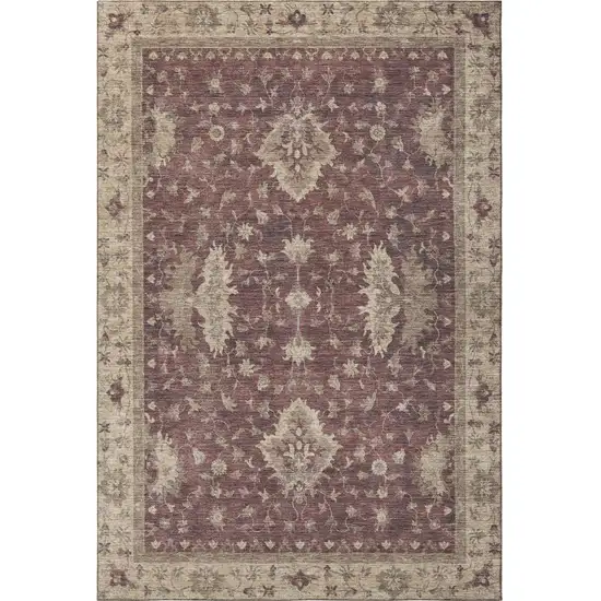 Burgundy And Beige Oriental Washable Area Rug With UV Protection Photo 2