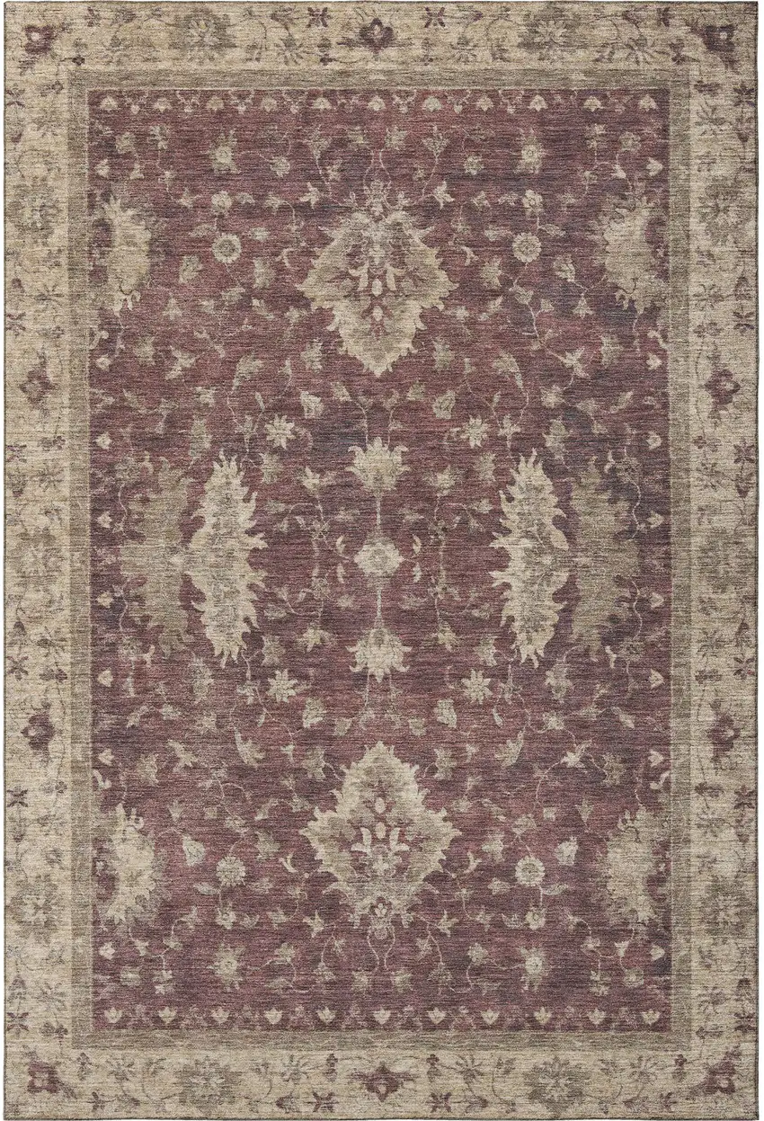Burgundy And Beige Oriental Washable Area Rug With UV Protection Photo 2